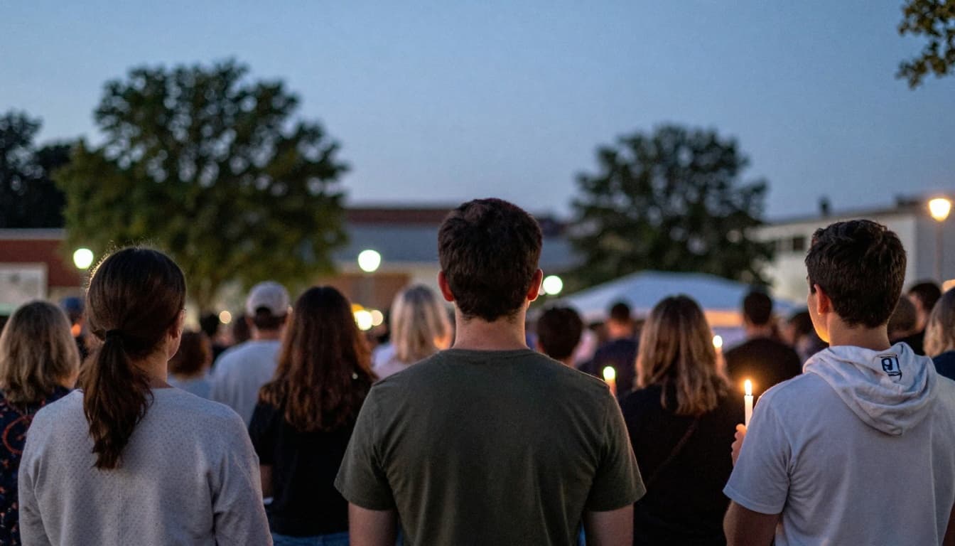 Community vigil at night with candle silhouettes