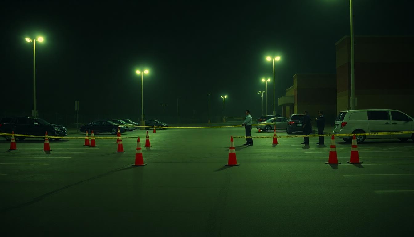 Wide perimeter of a parking lot with yellow tape, floodlights, and officers canvassing