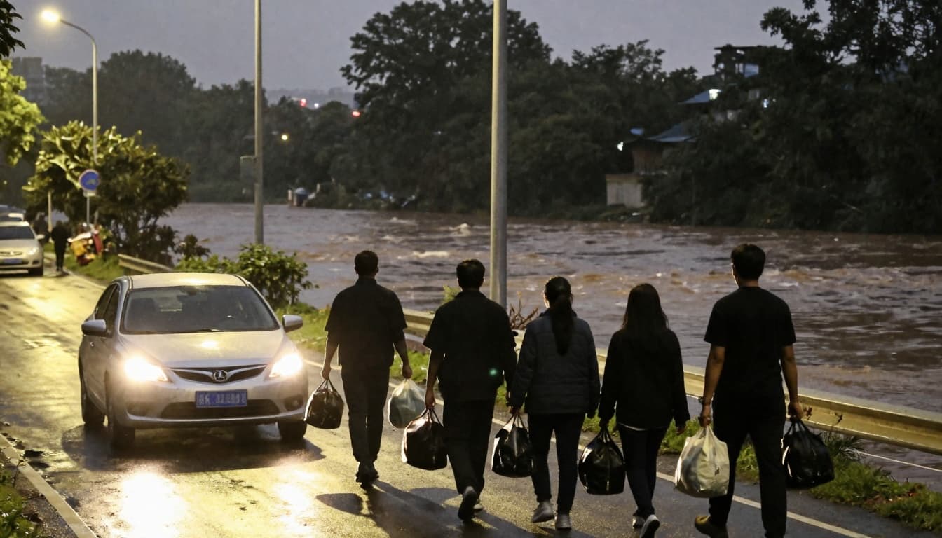 Nighttime evacuation scene with car headlights and silhouettes carrying bags