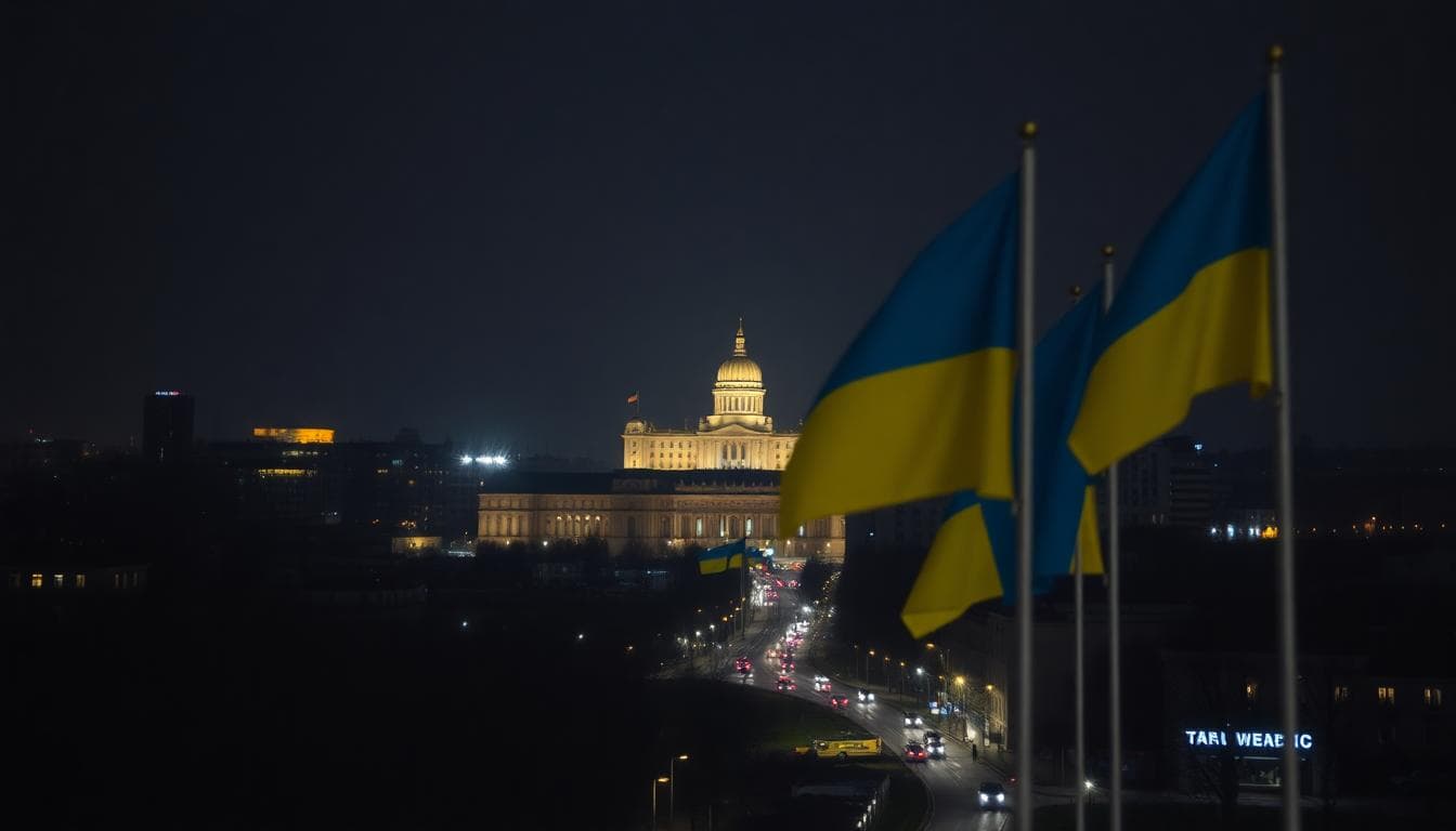 Nighttime Kyiv cityscape with Ukrainian flags and lit government buildings