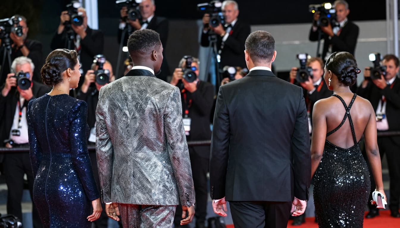 Red carpet scene with photographers and four silhouettes