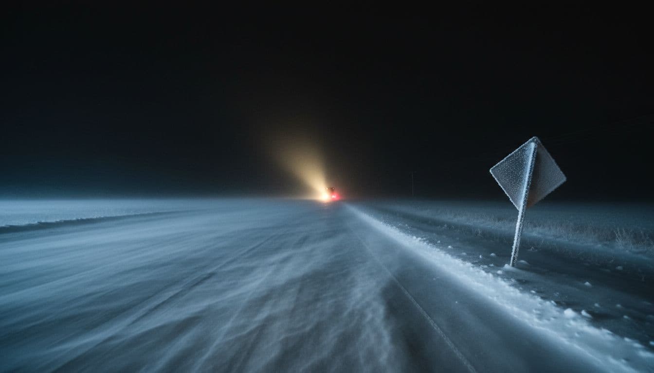 Nighttime rural Iowa highway with blowing snow and low visibility