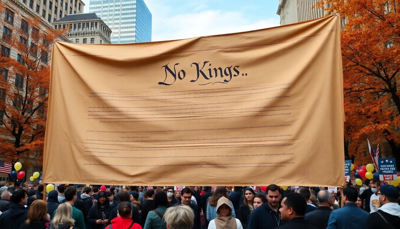 No Kings Day Protests Draw Millions Nationwide as GOP Leaders Remain Largely Silent. 3 Banner with parchment-inspired design held aloft above a peaceful crowd
