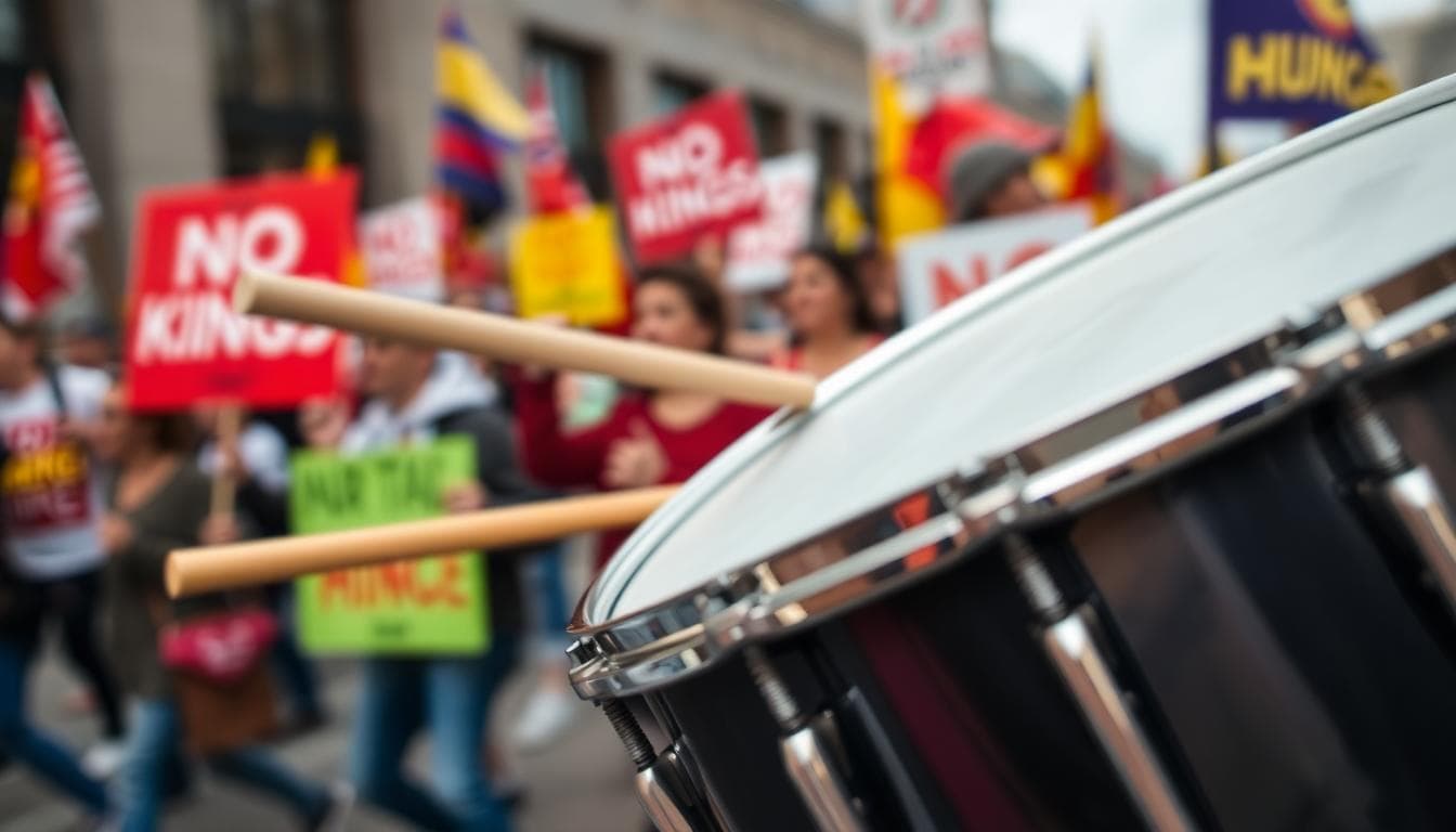 No Kings Day Protests Draw Millions Nationwide as GOP Leaders Remain Largely Silent. 2 Close-up of a marching band snare drum being played at a rally