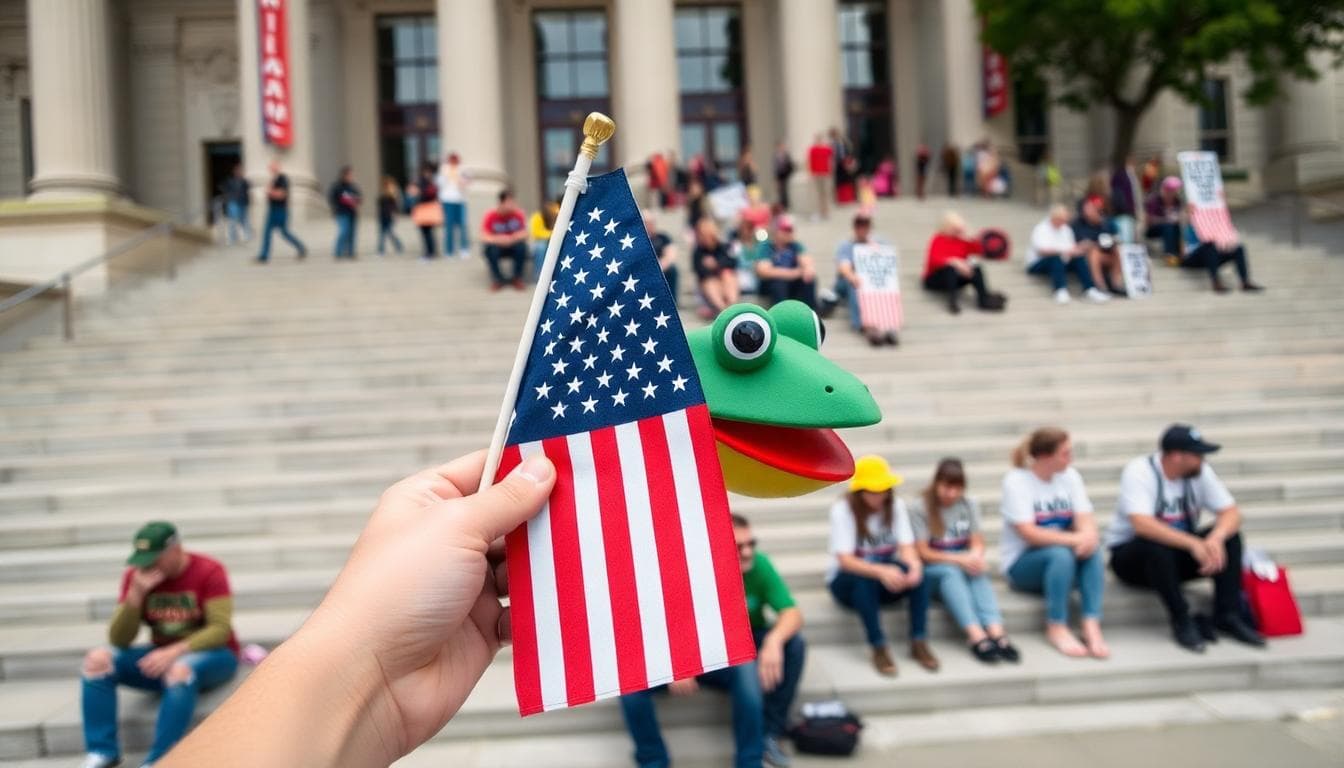 No Kings Day Protests Draw Millions Nationwide as GOP Leaders Remain Largely Silent. 4 Close-up of a protester holding a small US flag and a playful frog costume head
