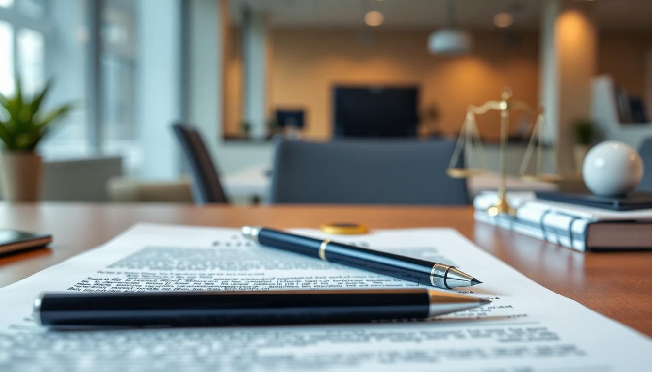 Legal contract and pen on a desk with a small microchip beside the documents