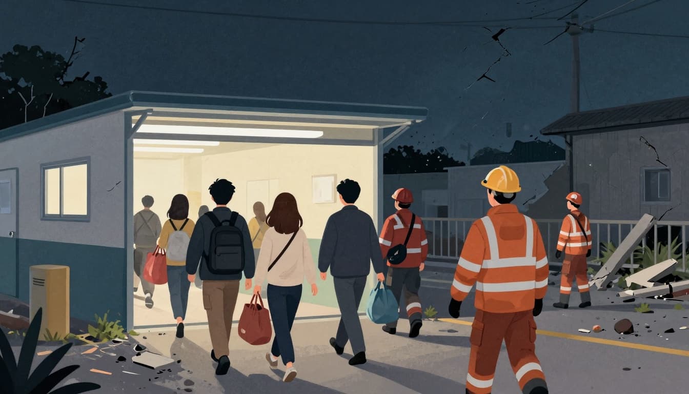 Emergency workers guiding residents to evacuation centers at night after an earthquake in northern Japan