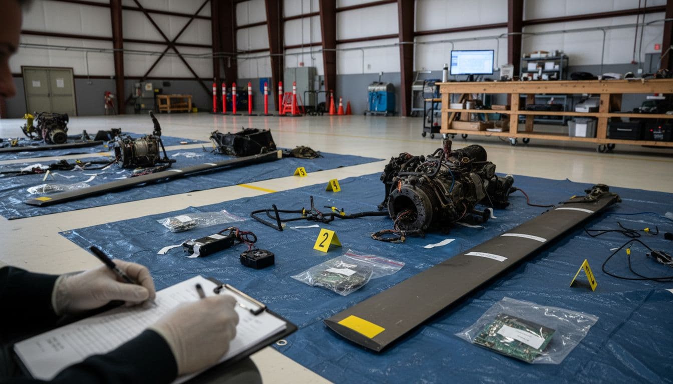 California Helicopter Crash: What Investigators Are Focusing On and What Comes Next 2 NTSB investigators review labeled helicopter parts in a hangar