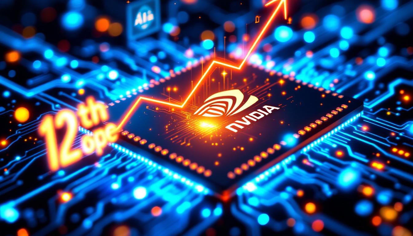 Close-up of an Nvidia AI superchip, sparking with digital circuits. Visual overlays show AI icons and graphs surging upward, reflecting technological leadership.