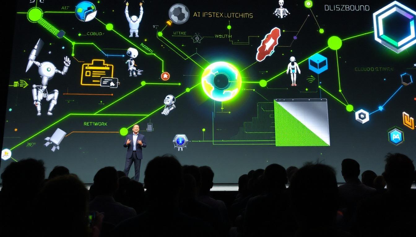 Nvidia CEO Jensen Huang on stage, animatedly speaking at Computex 2025, with the audience captivated, and futuristic graphics of AI, robots, and cloud networks on a huge screen behind him.