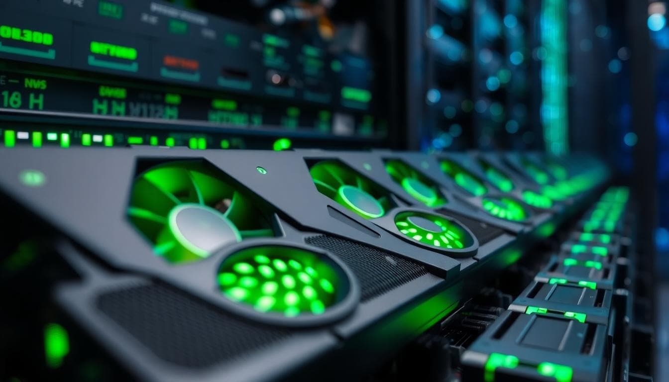 Close-up of Nvidia GPUs in data center racks for AI training and inference