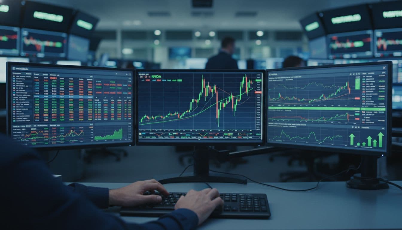 Nvidia Stock Soars As Q3 Earnings Smash Expectations And AI Chip Demand Explodes 3 Trader watching Nvidia stock price chart on screen