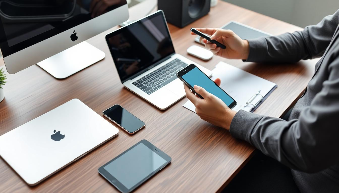 Image: A sleek office desk with multiple Apple products (MacBook, iPhones, iPads) and a professional reviewing an iPhone, representing organized business tech management.