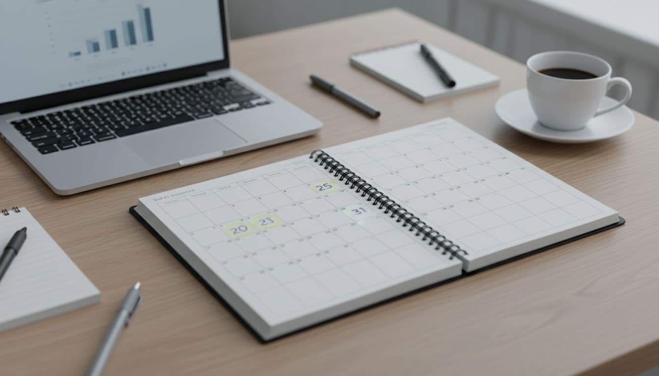 Desk calendar and planner near late December next to a laptop and coffee