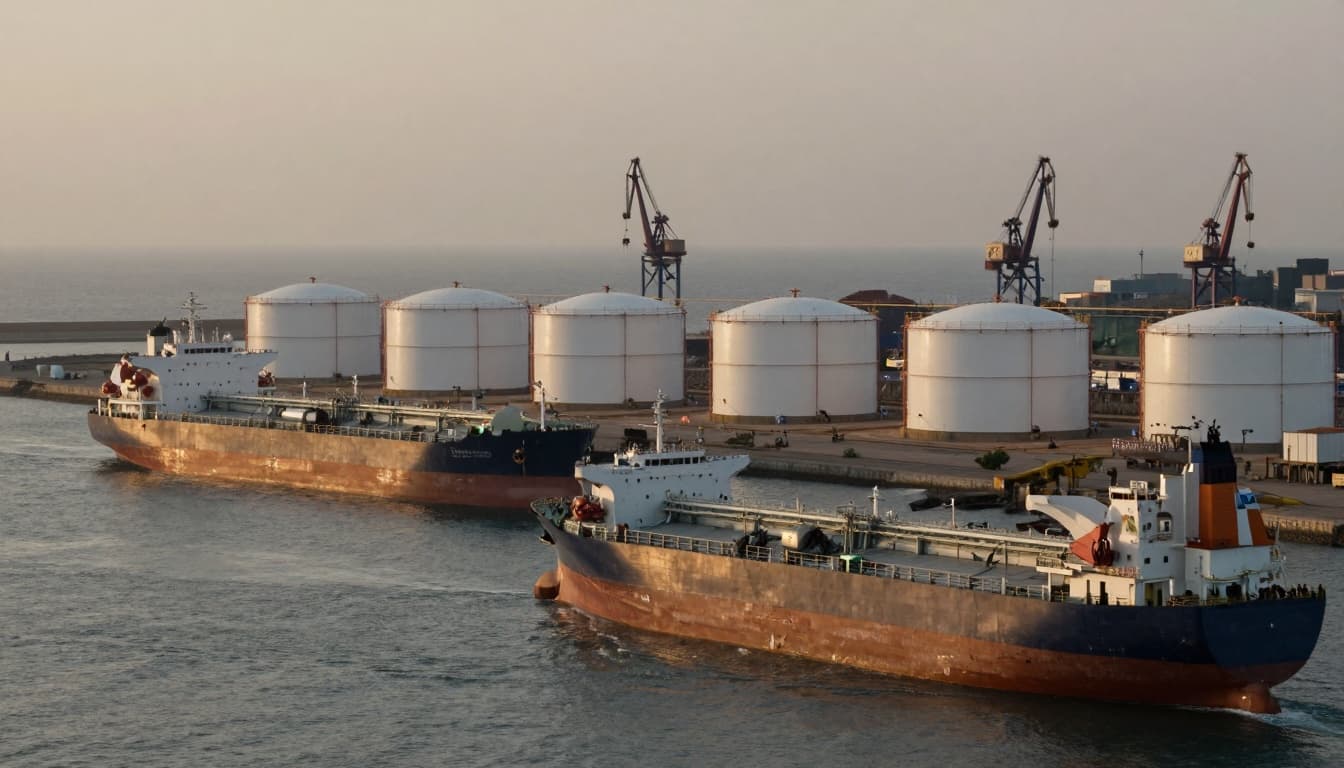 Oil tankers at sea and fuel storage tanks at an Indian port terminal