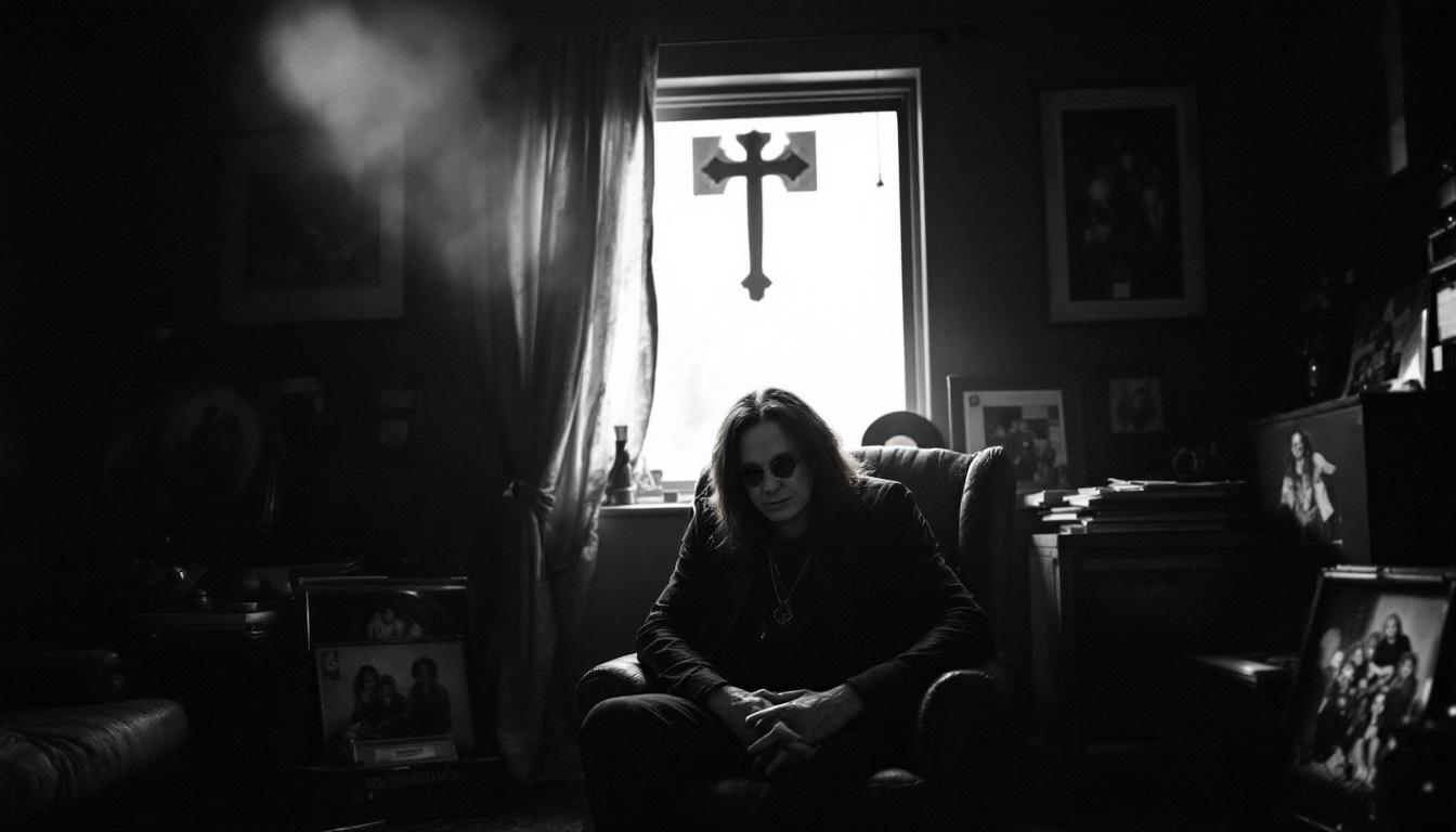 Ozzy alone, surrounded by memorabilia—a life’s journey captured in one reflective image