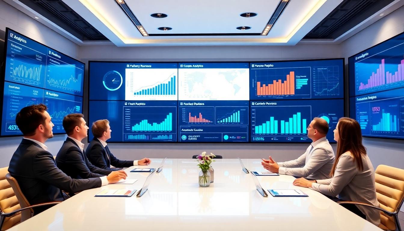 Palantir Stock Soars as AI Powers Record-Breaking Results 2 Corporate boardroom scene with Palantir executives reviewing data analytics dashboards, big screens display growing revenue charts and AI analytics visuals, celebratory atmosphere
