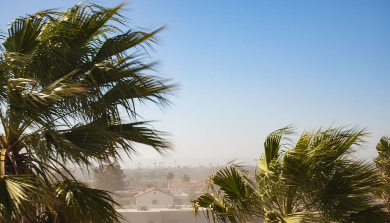 Palm fronds bending in Santa Ana winds