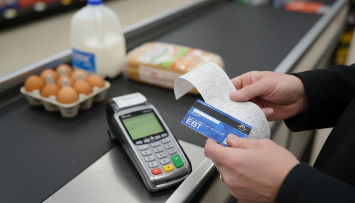 Parent holding a receipt and EBT card at grocery checkout