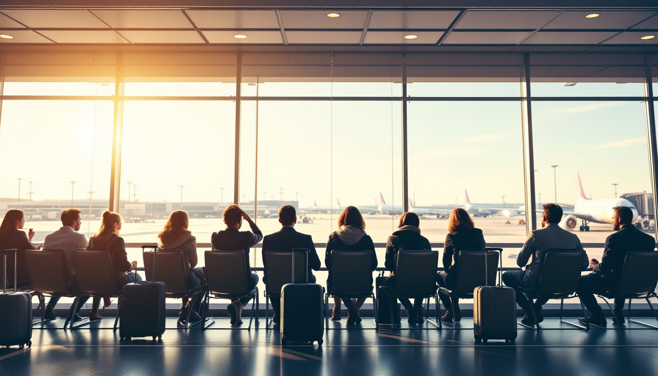 Passengers waiting with carry-ons by large terminal windows, planes outside