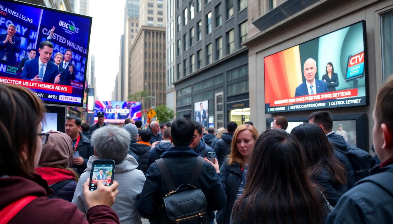 People gathered watching breaking news on public screens and mobile devices in a city street