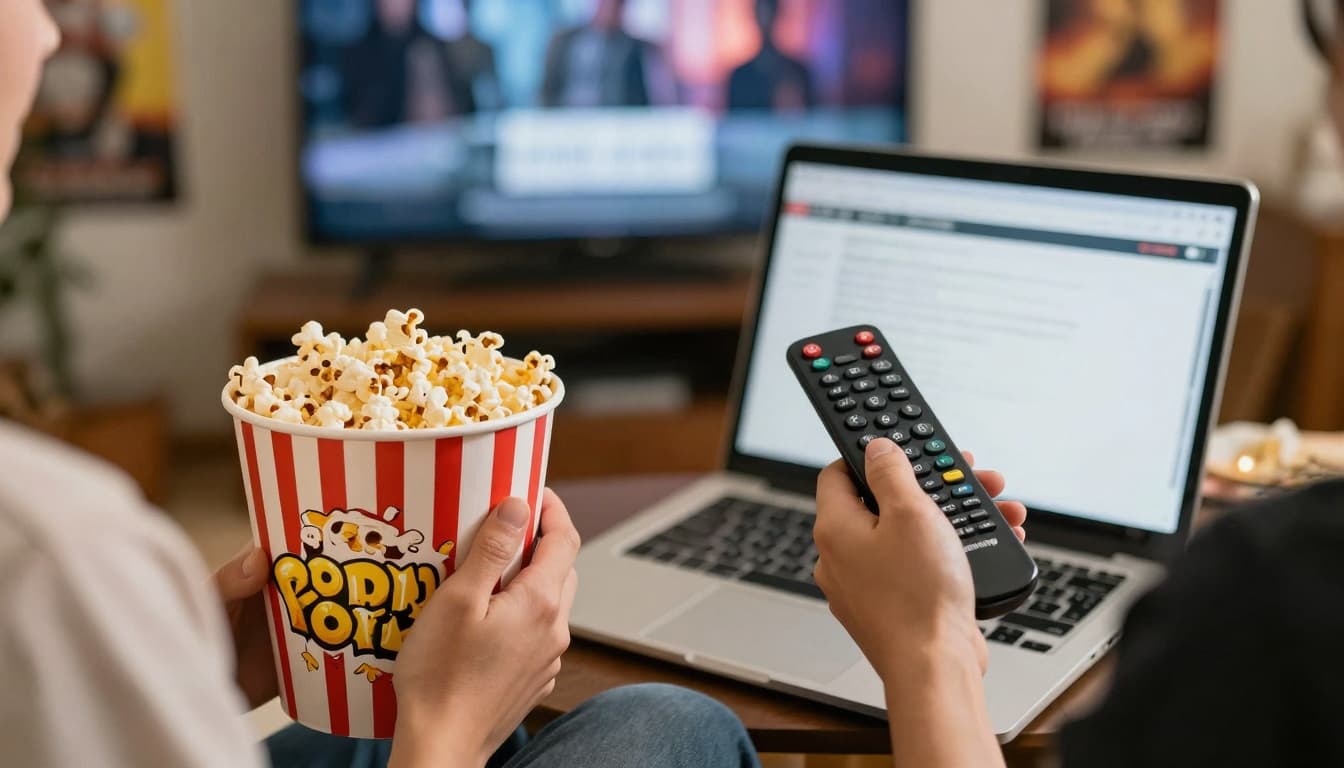 People watching a movie trailer on a laptop with popcorn in a cozy living room