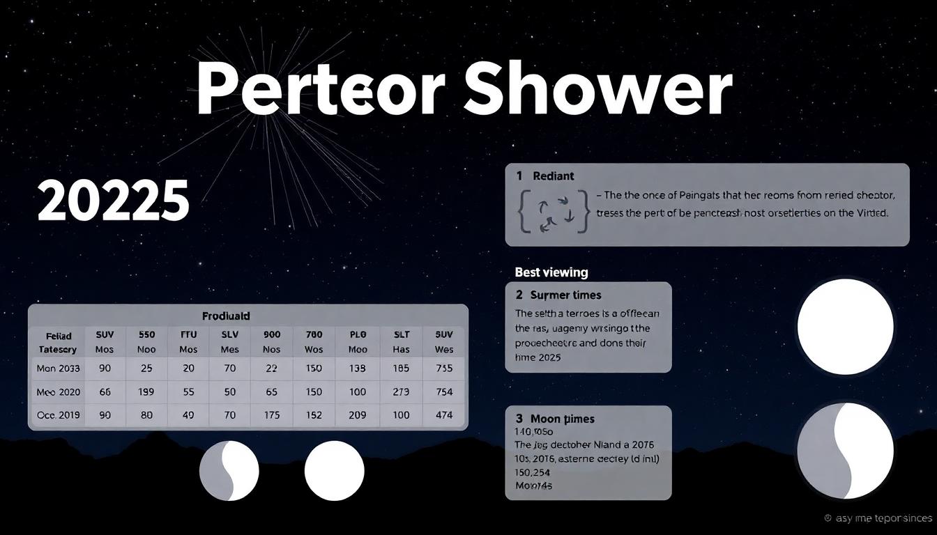 Infographic: Perseid meteor shower peak 2025, radiant in Perseus constellation, best viewing times chart, moon phase impact, sky map