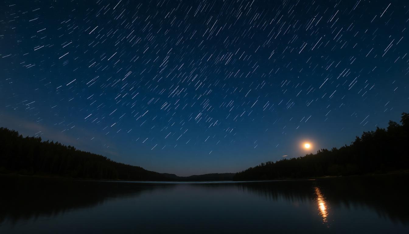 Wide-angle photograph of the Perseid meteor shower over a calm lake with forested shore, meteors reflecting on water, faint moonlight