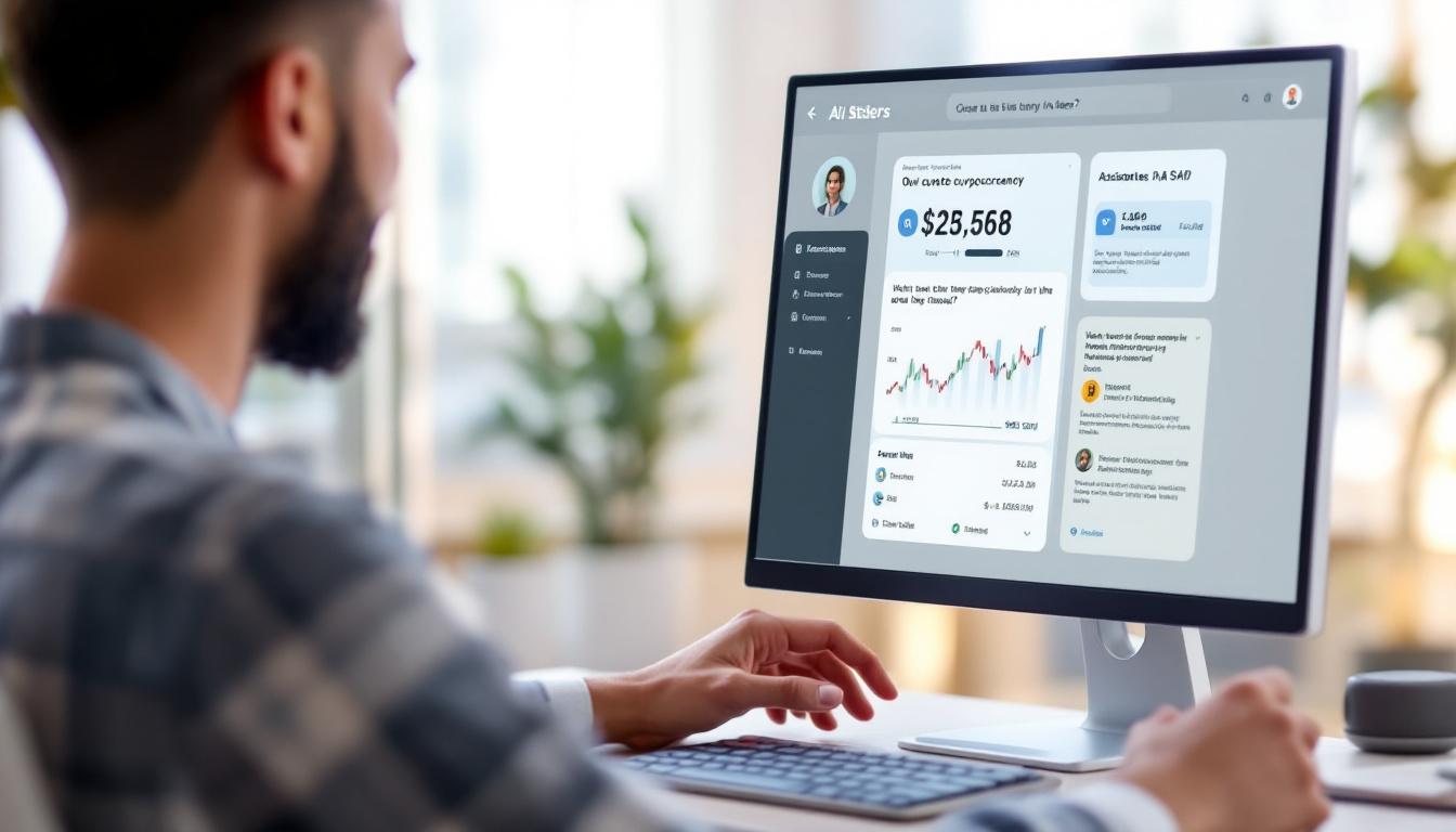 A person at a computer, asking a question about cryptocurrency to an AI assistant, with visual charts and friendly explanations.