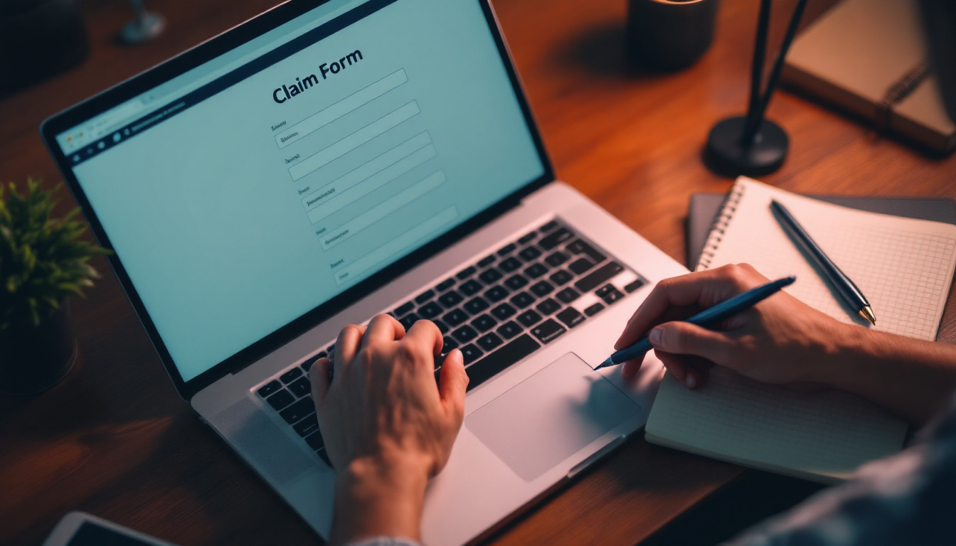 Top-down view of a person filling out an online claim form on a laptop