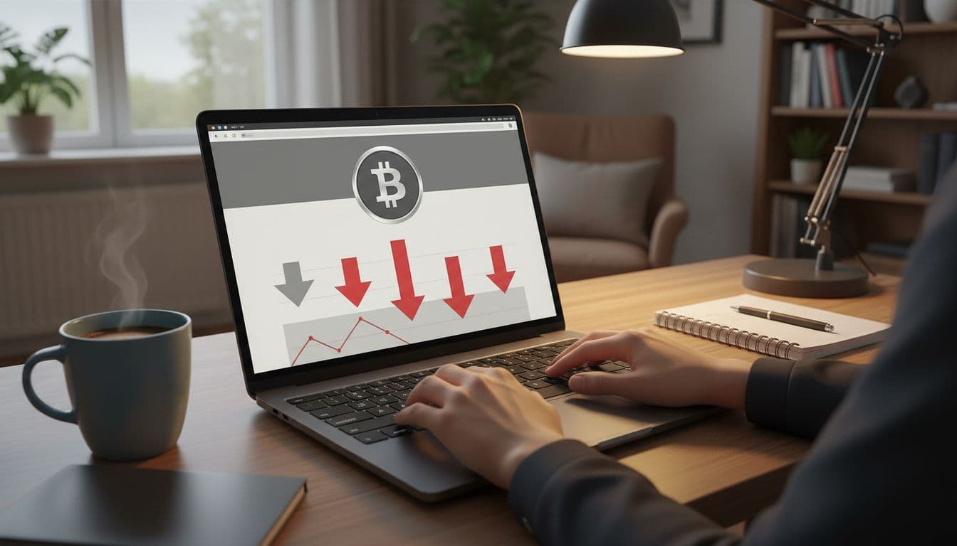 Person reading Bitcoin and crypto news on a laptop at a home desk