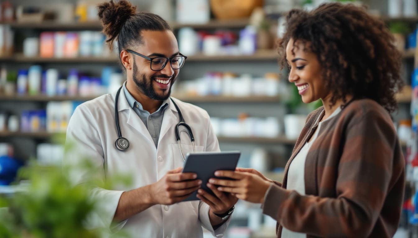 Drug Prices in America: What “TrumpRx”-Style Plans Mean for Patients and Pharma 2 Pharmacist and patient comparing prescription costs on a tablet