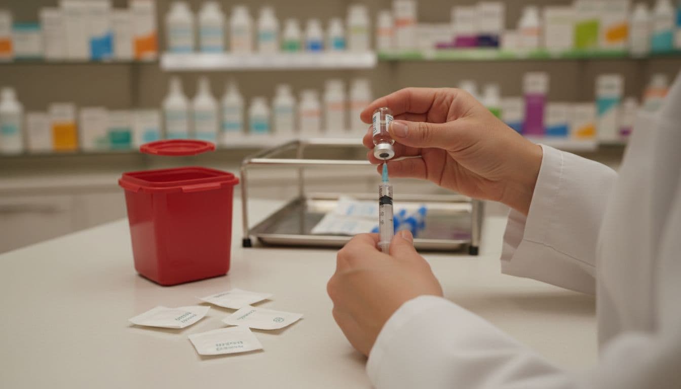Pharmacist preparing a flu vaccine in a pharmacy consultation area