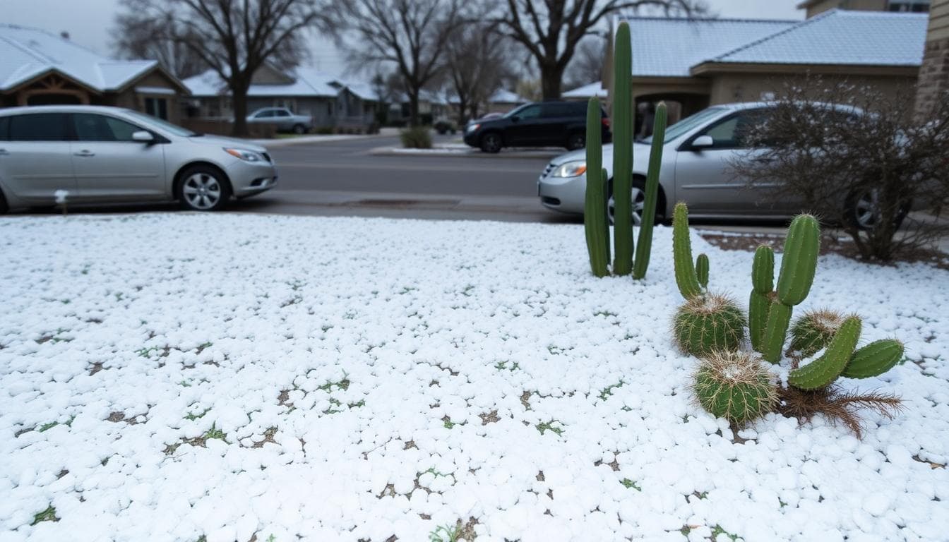 Hail-covered front yard and cars in Phoenix neighborhood