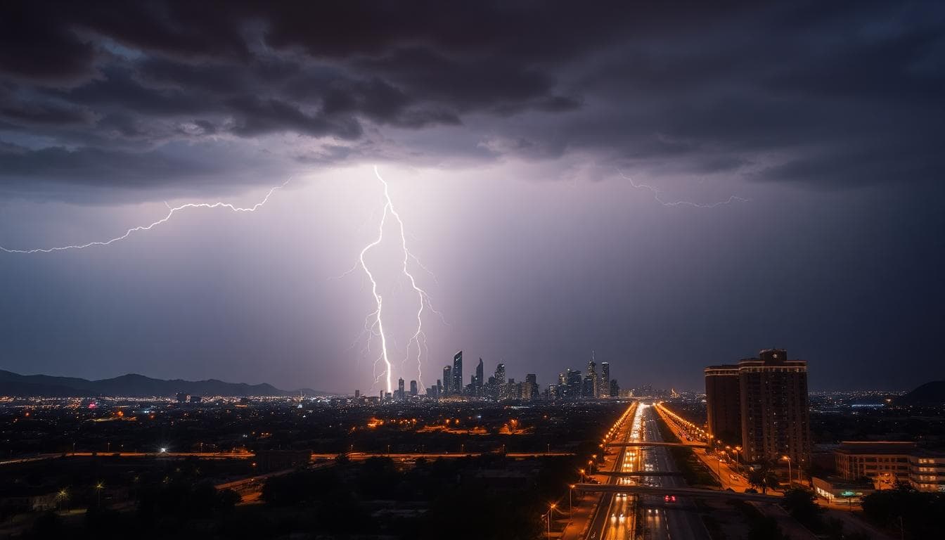 Lightning over Phoenix skyline at night during storm