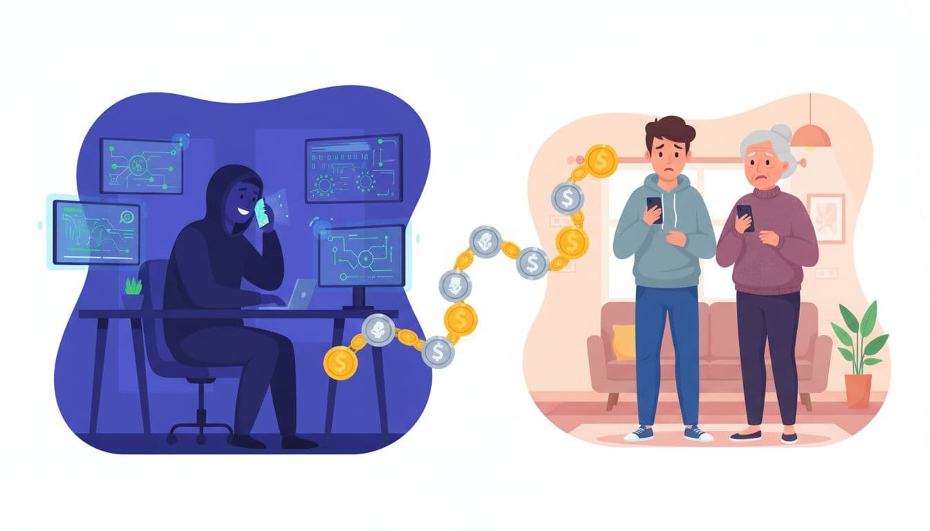 Bitcoin ATM Scams: How Clay County Residents Lost Millions To Fake Jury Duty Calls 4 Illustration of a phone scammer and two victims connected by digital coins