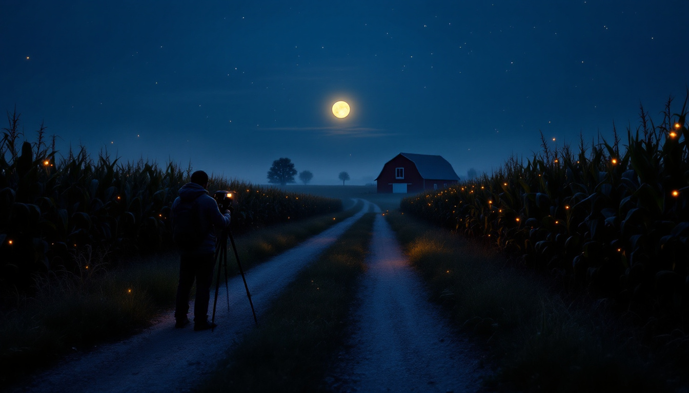 Photographer on a rural Iowa gravel road with full moon over a red barn