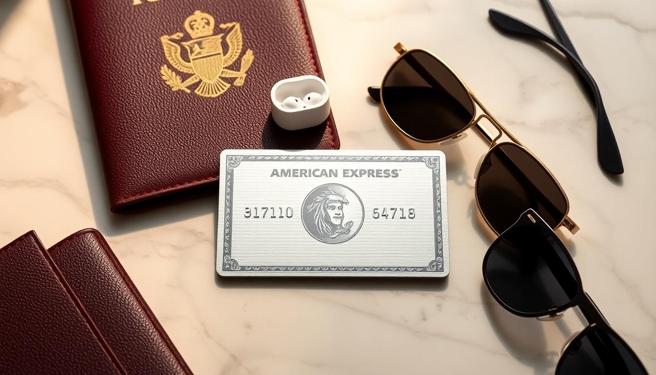 Platinum metal credit card on a marble surface with luxury travel items