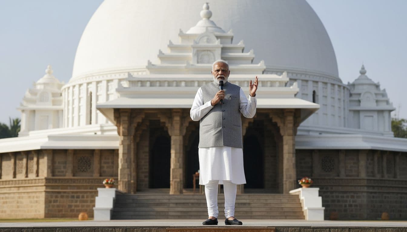 Prime Minister Narendra Modi stands on stage delivering a speech with meditation temple background.