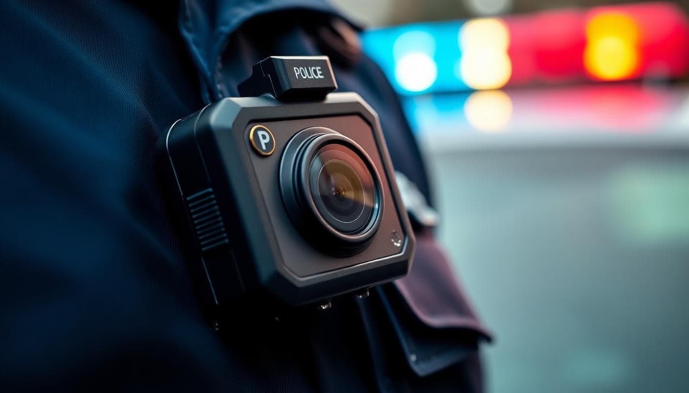 Close-up of a police body camera clipped to a uniform