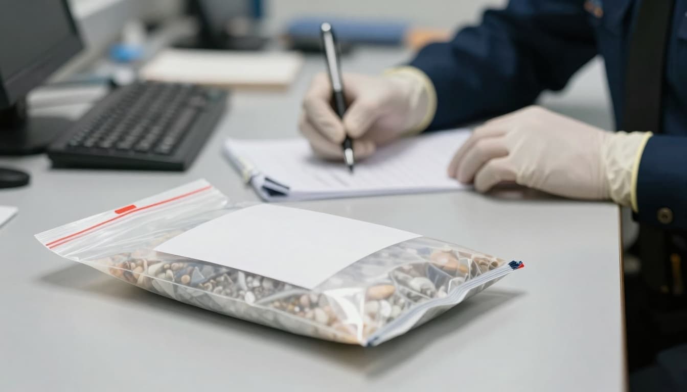 Police evidence bag and gloved hands at an evidence table