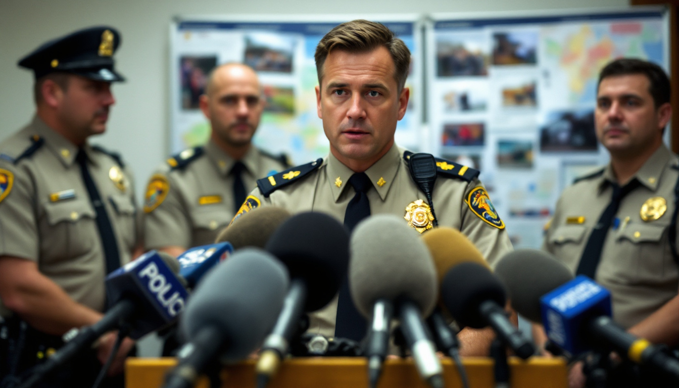 Police press briefing podium with microphones and officers presenting an evidence board in the background