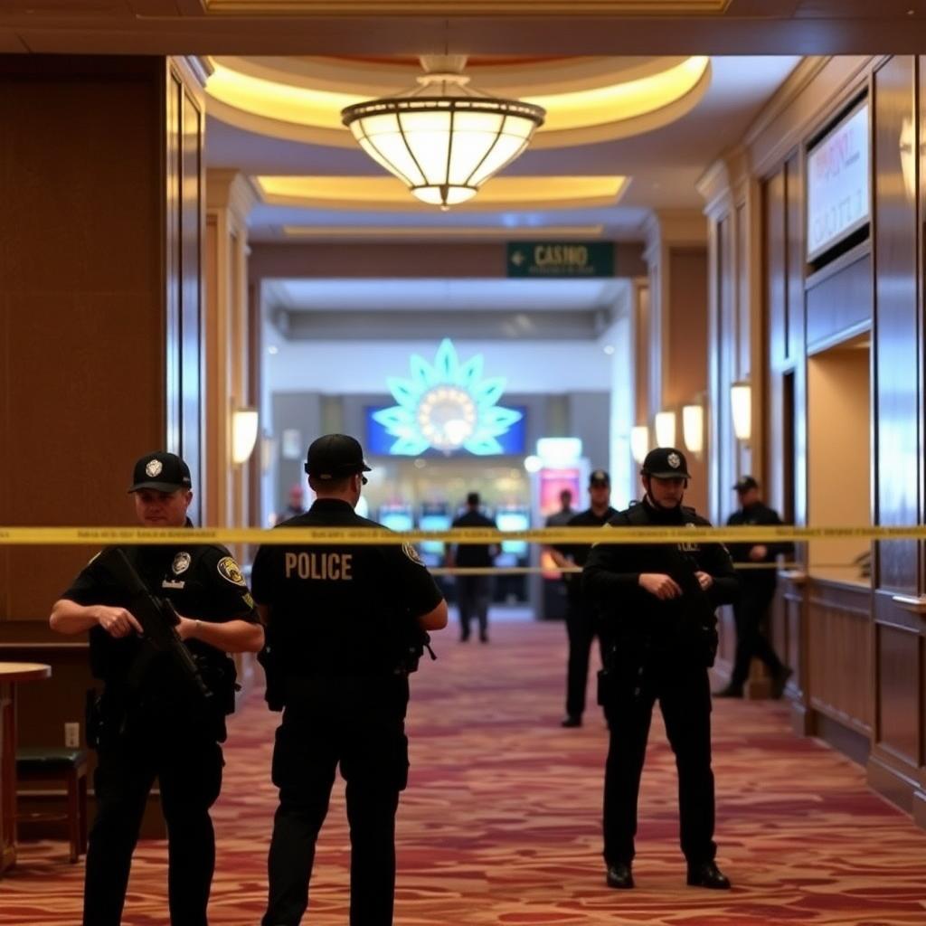 Police officers in tactical gear secure hotel casino lobby after attack