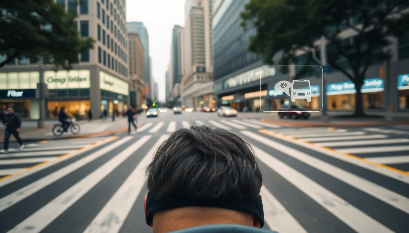 POV view with a subtle HUD-style overlay while walking through a city crosswalk