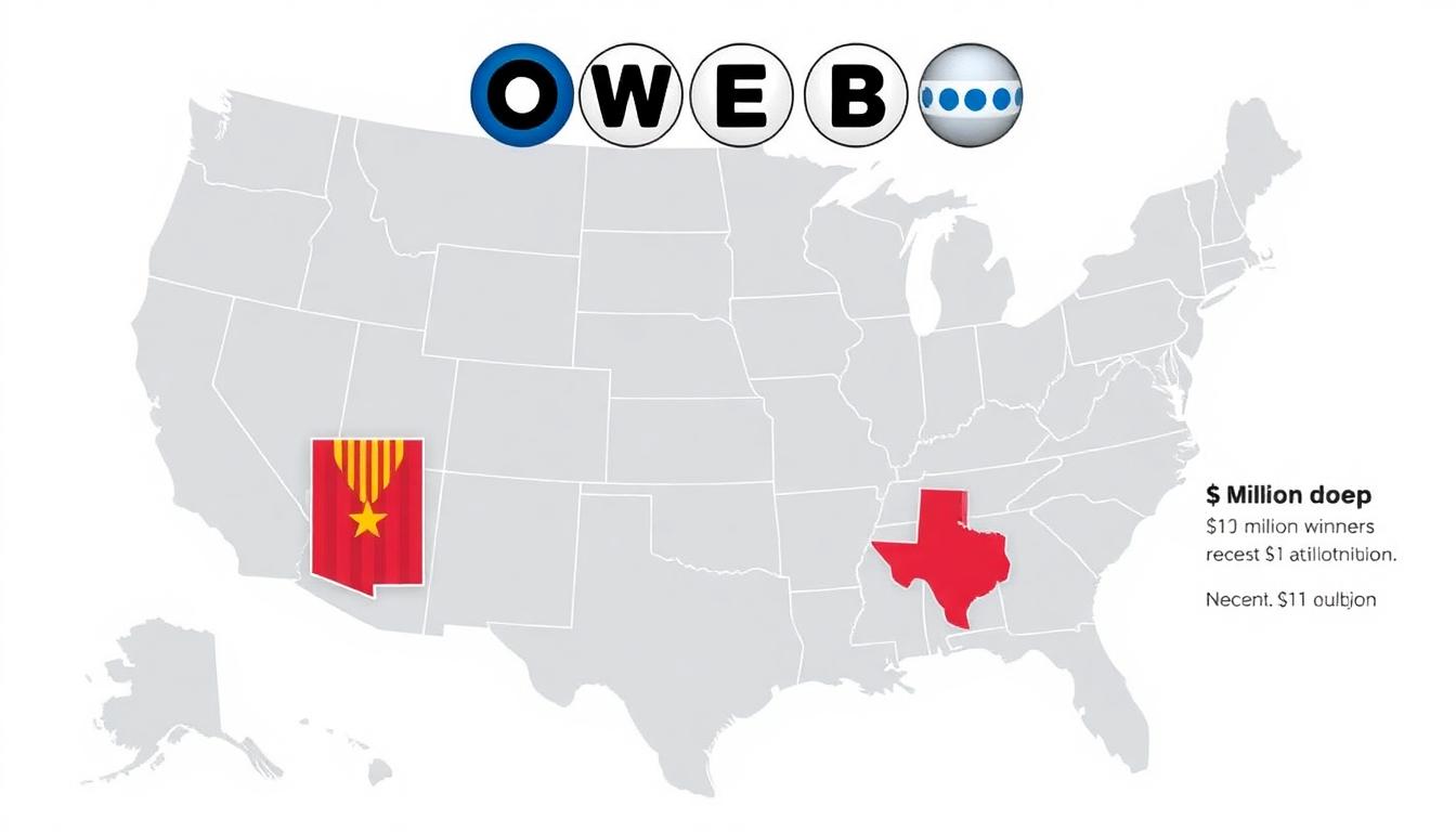Map of the United States showing states where Powerball is played, highlighting Arizona and Texas as recent $1 million winners.