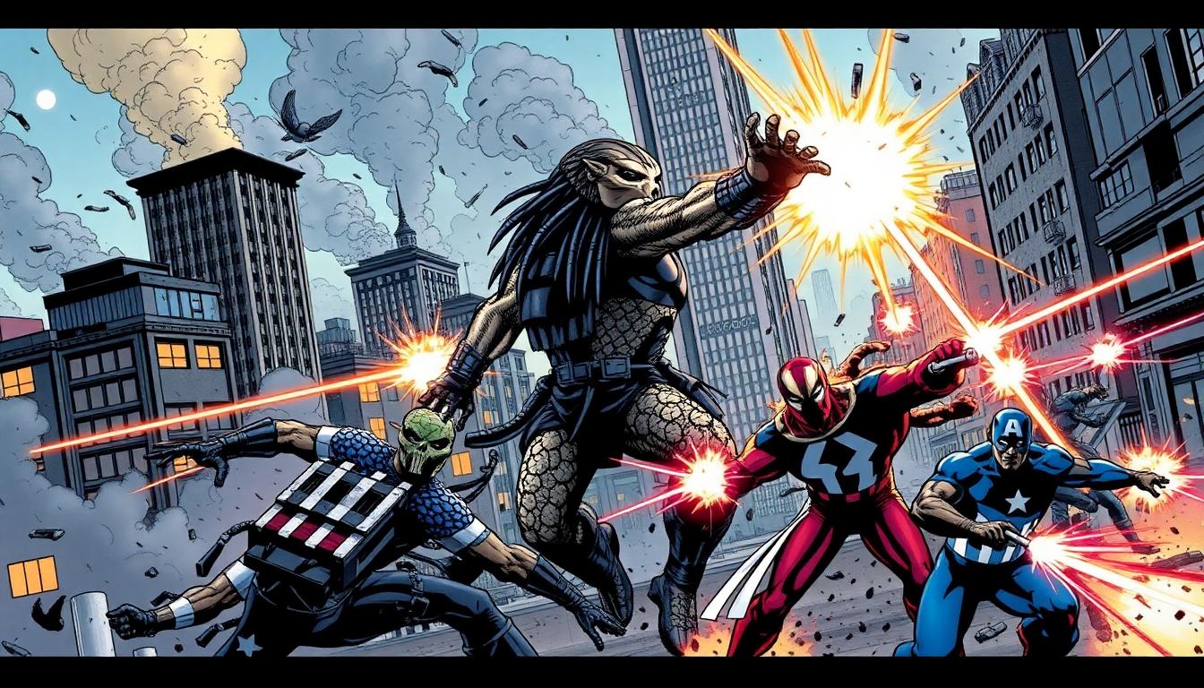 Predator Kills the Marvel Universe: The Ultimate Crossover Carnage 2 Image: Comic panel of Predator fighting Avengers and Fantastic Four
