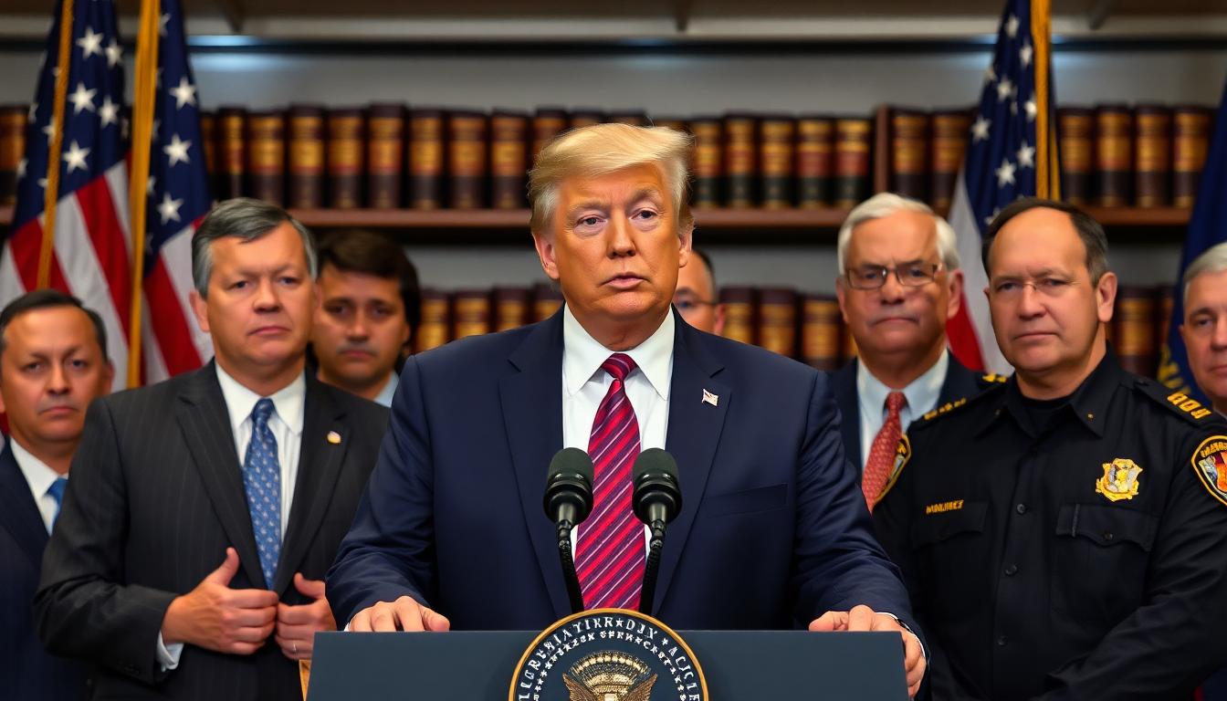 Press conference scene with President Trump and law enforcement officials, American flags, legal books in background, somber expressions