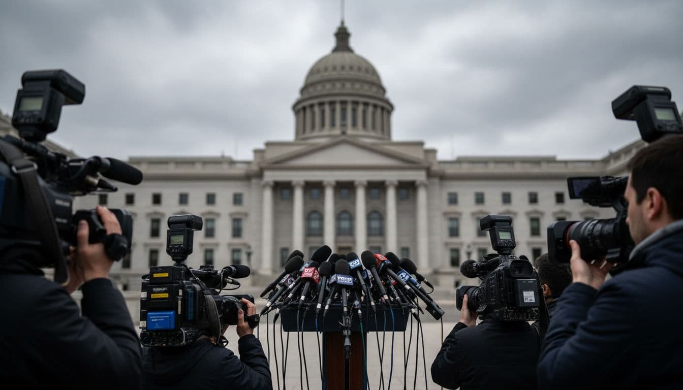 US Faces War Crime Allegation Over Reported “Disguised” Aircraft in Caribbean Drug Boat Strike 4 Press microphones and cameras aimed at a podium in front of a government building, representing calls for official responses and transparency