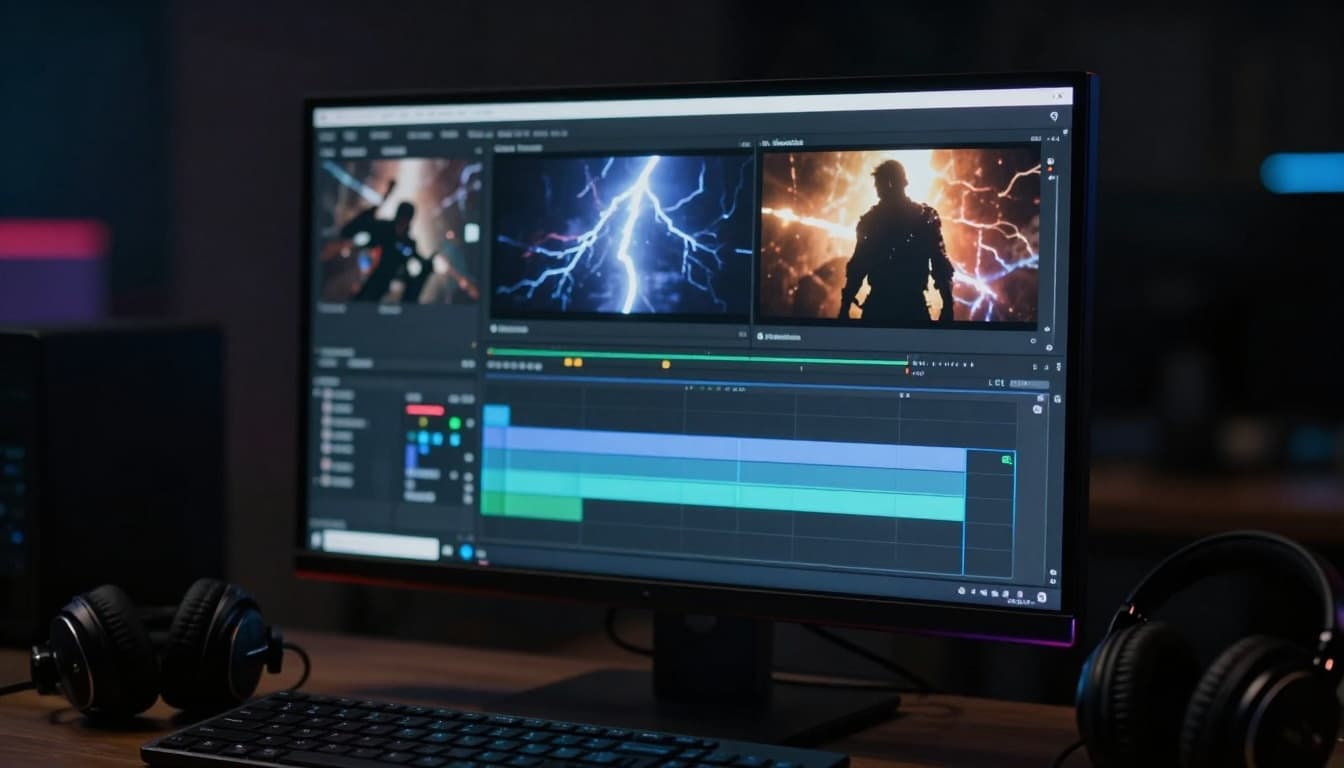 Film trailer being edited on a professional video editing timeline in a dark studio