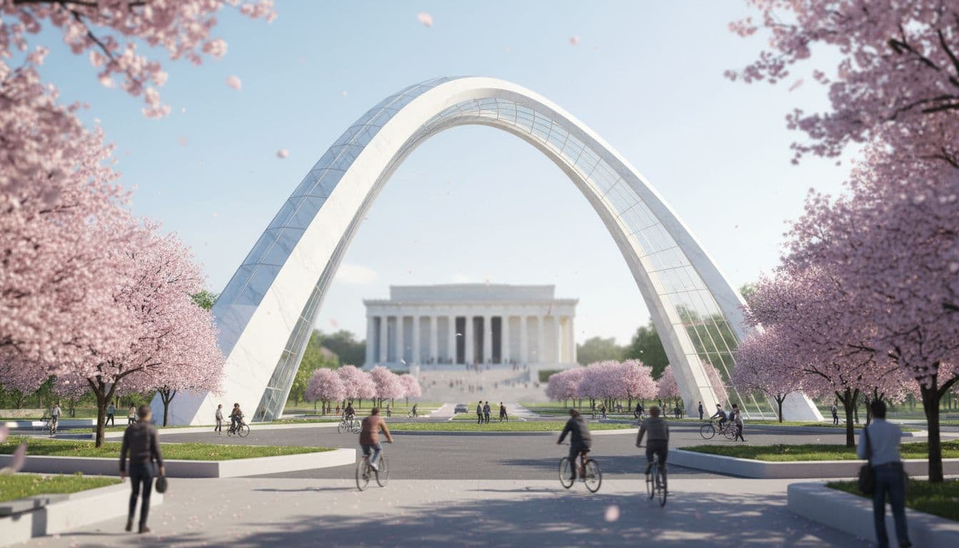 Daylight architectural rendering of the proposed Washington arch concept with pedestrians and cyclists
